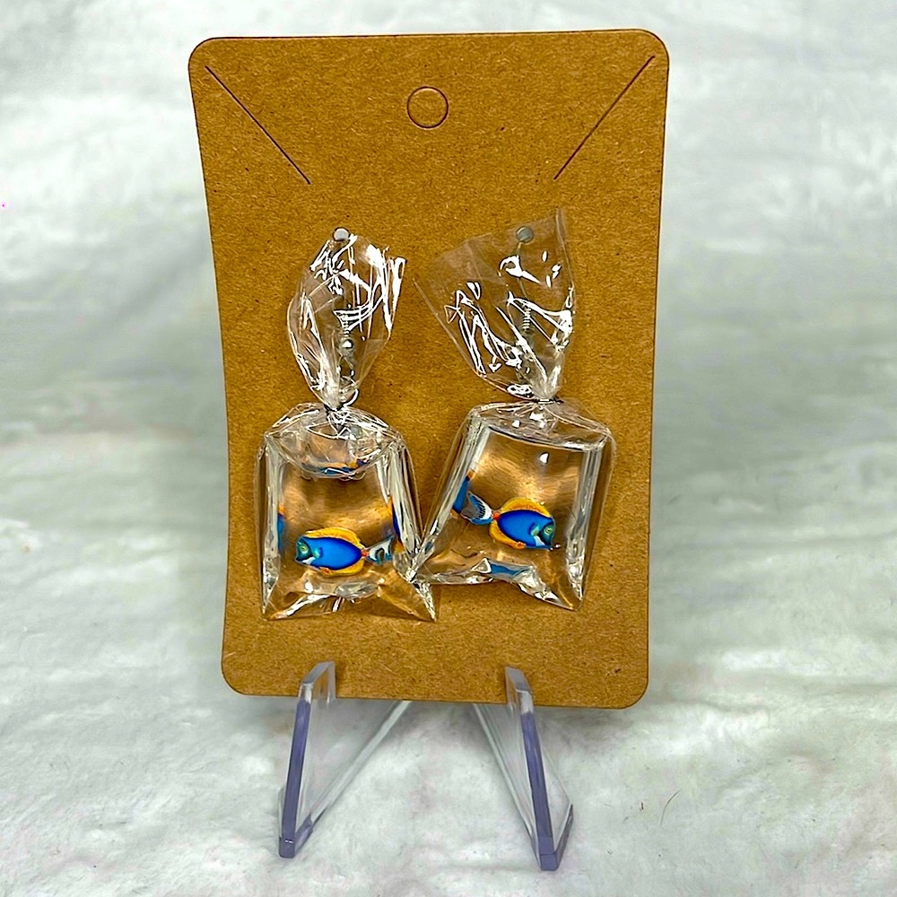 Fun unique fish in baggie dangle earrings.